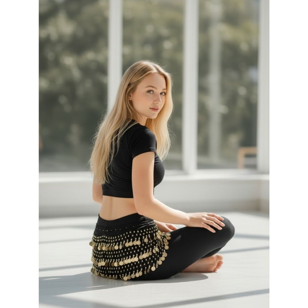 Black Coin Fringe Belly Dance Hip Scarf - Gold Coins - Picture 3 of 5